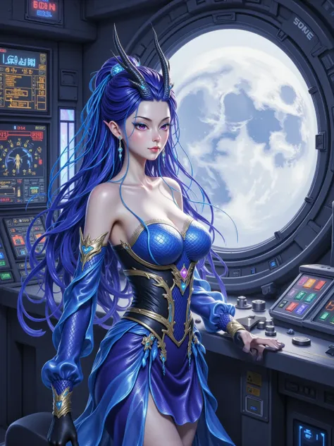  In the cockpit of the spaceship ， Various dashboards flash with colorful lights 。 Ao Li stands in front of a huge viewing window ，, dressed in a tight combat suit that combines technology and marine elements ， with an energy band 。, her long blue-purple h...