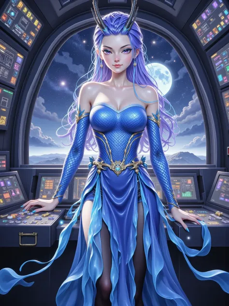  In the cockpit of the spaceship ， Various dashboards flash with colorful lights 。 Ao Li stands in front of a huge viewing window ，, dressed in a tight combat suit that combines technology and marine elements ， with an energy band 。, her long blue-purple h...