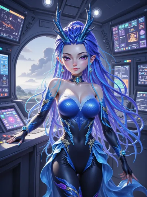  In the cockpit of the spaceship ， Various dashboards flash with colorful lights 。 Ao Li stands in front of a huge viewing window ，, dressed in a tight combat suit that combines technology and marine elements ， with an energy band 。, her long blue-purple h...