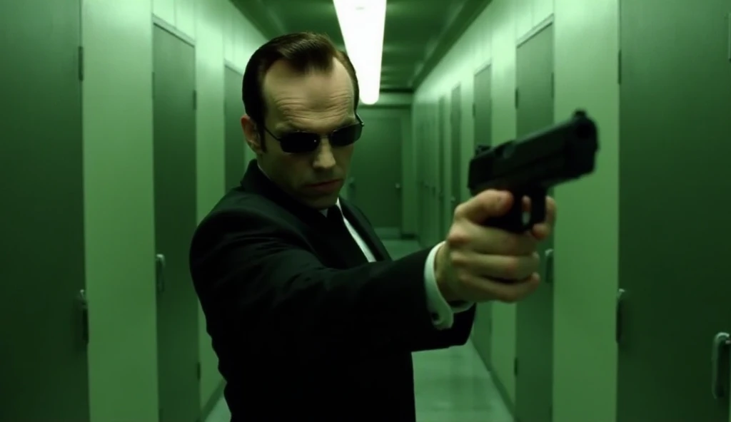 A cinematic action shot of Agent Smith in a tense standoff, aiming a sleek black pistol with unwavering precision. His expression is cold and emotionless, his sharp jawline and furrowed brows adding to his intimidating presence. His slicked-back dark brown...