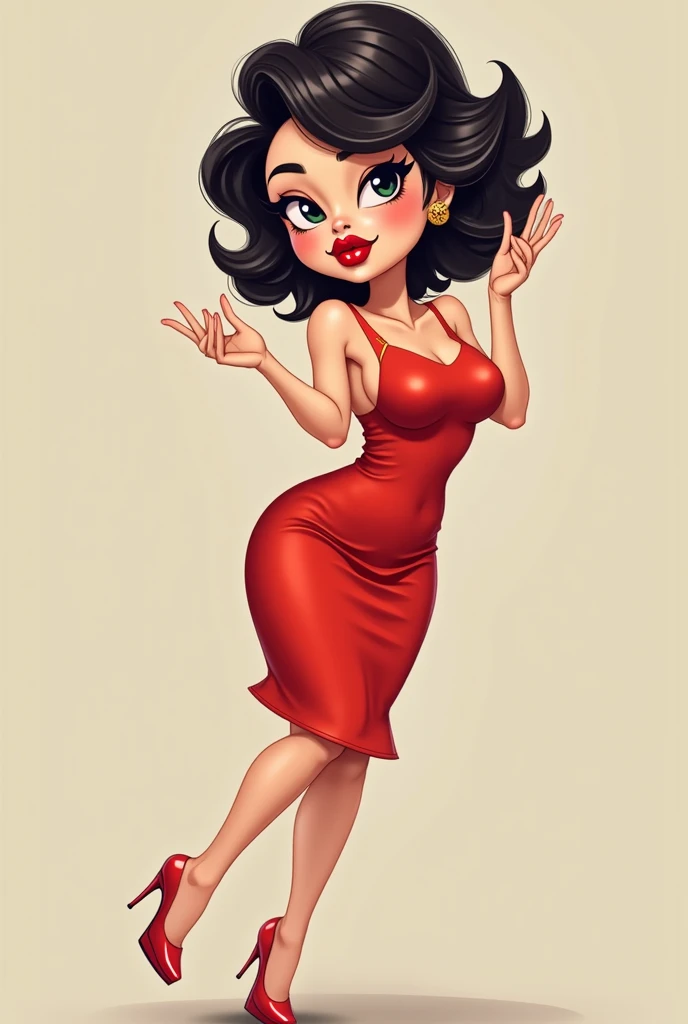 asian woman(face stupid and ediot),curly hair, red lips(extreme big and kissing position),wearing red dress and red high shoes