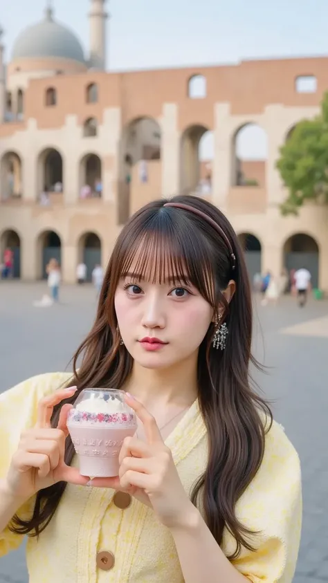 
A stylish young woman with long wavy hair, wearing a summer dress and sunglasses, holding a small gelato cup while posing in front of the Colosseum. The warm sunlight casts a golden glow on the ancient ruins. Style: classic, travel, Roman charm.









...