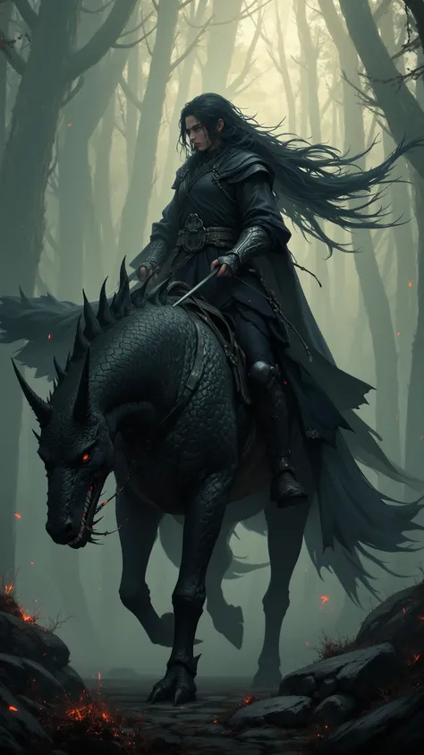   captures the tense atmosphere of a warrior standing on a magical dragon，  shows courage and determination on a fantasy battlefield  。  with long hair flowing in black and a fierce expression  ，This scene conveys the essence of heroic adventure  。