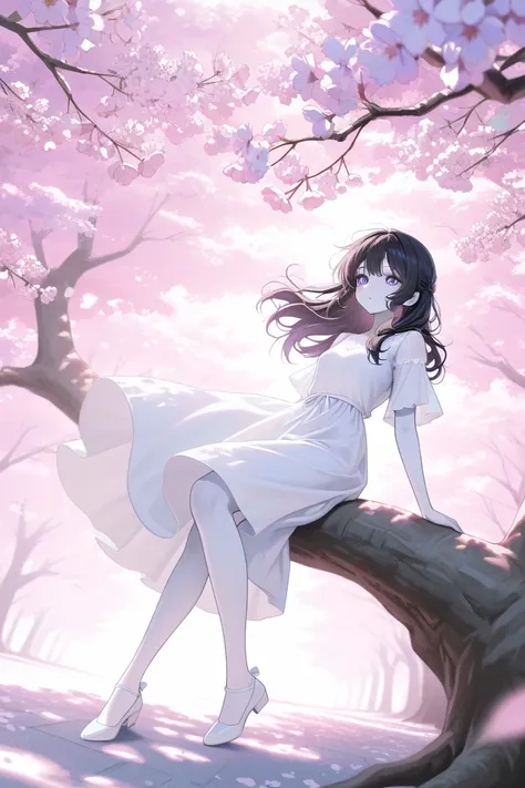 Girl with beautiful and sweet appearance,  violet eyes, pale freckle skin , beautiful black hair,  wearing a white dress and in the background a beautiful bright and romantic landscape among cherry blossoms, with a loving and adorable look,  full body and ...