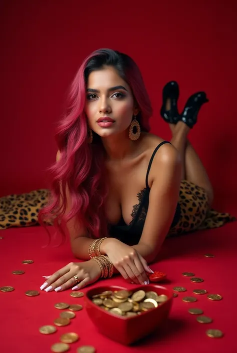 photograph of a beautiful sexy indian woman with lite brown skin, side pose,huge boobs, hourglass body, seductive expression, lying on a red background, wearing a leopard print dress with a black lace top, ((long wavy magenta hair)) , gold bracelets, high ...