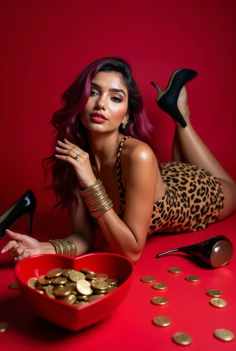 photograph of a beautiful sexy indian woman with lite brown skin, side pose,huge boobs, hourglass body, playful seductive expression, lying on a red background, wearing a leopard print dress with a black lace top, ((long wavy magenta hair)) , gold bracelet...