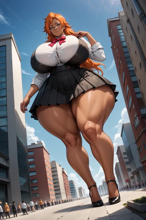 (source_anime), 1girl, (dark skin:1.2),orange hair,GTS, (giantess,mature), (looking at viewer), rangeko from bleach, sexy, horny,detailed eyes, long hair, (muscular:0.3), (huge breasts), (thick thigh), (wide hips), (gigantic ass),black school uniform, blac...