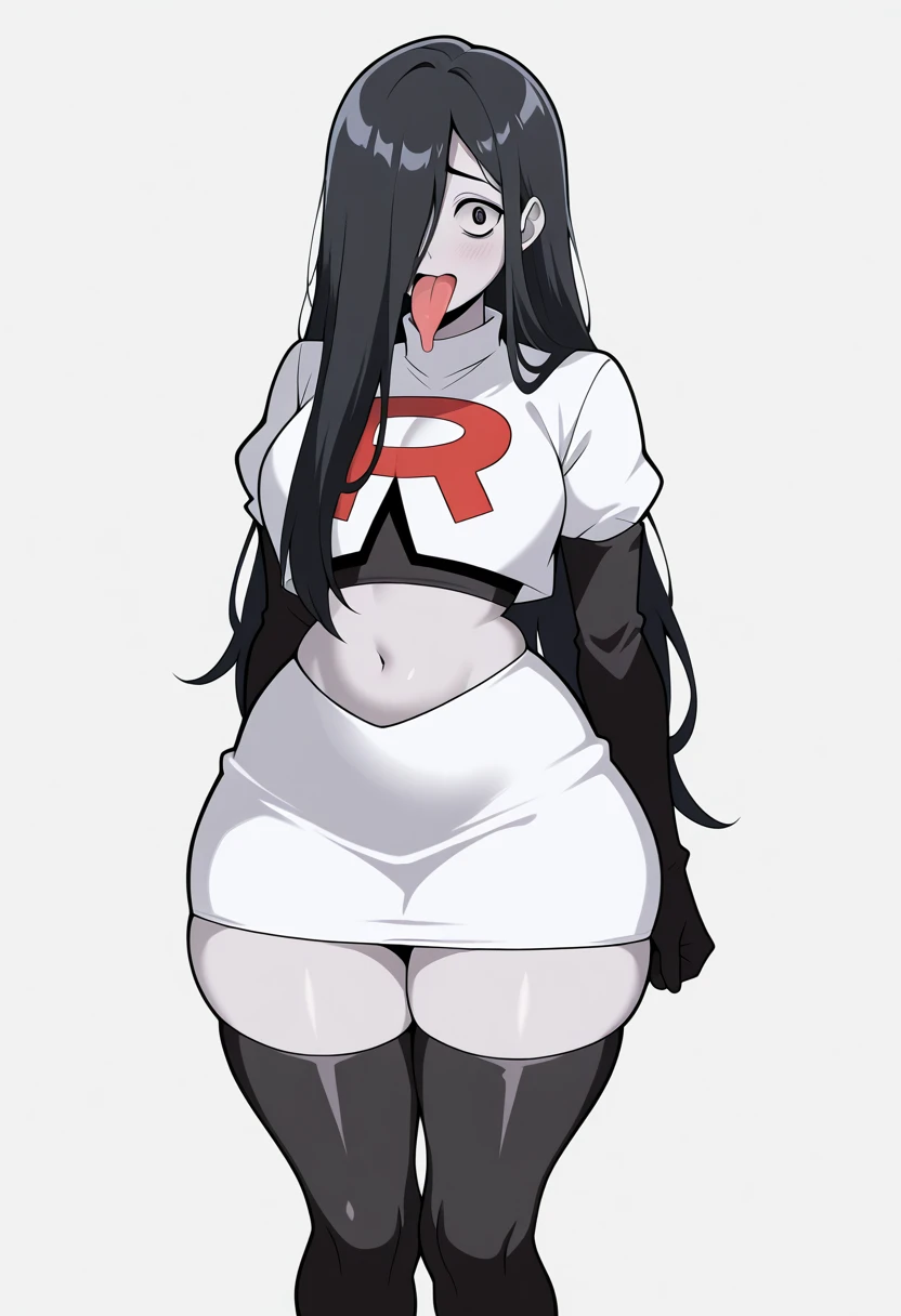 (masterpiece,amazing quality,best quality),blaash,solo,astroostylev5,SadakoIL,,1girl,solo,long hair,black hair,very long hair, navel,wide hips,hair over one eye,grey skin,yamamura sadako, long tongue, team rocket,team rocket uniform,white skirt,red letter ...