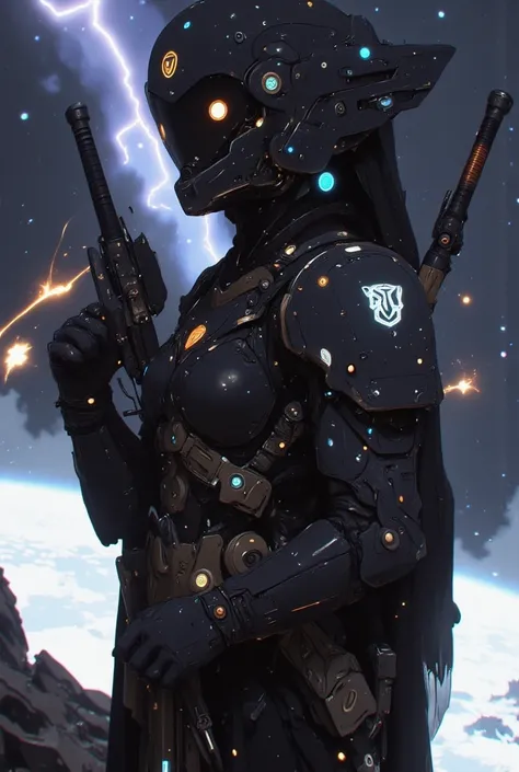 samurai、warrior、A cybernetic female cosmic samurai stands poised on the observation deck of a colossal interstellar battleship, her obsidian space-helm visor reflecting nebula patterns while maintaining her composed warrior’s gaze. Her right arm transforms...