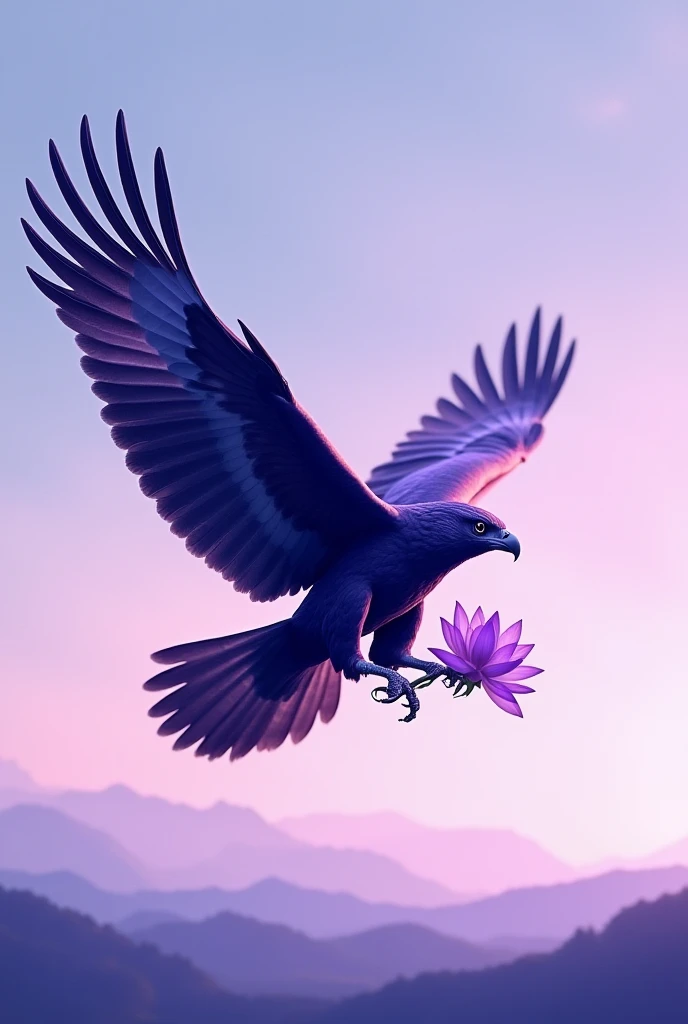 A purple hawk flies in the sky with its wings wide open.  It has a purple lotus flower caught in its beak.  Here's how it looks horizontally
