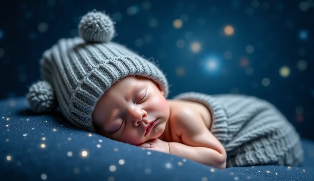 sleeping baby in a knitted hat with stars in the background, dreamy night, star , night covered in stars, sweet dreams, night time with starry sky, closeup portrait shot, night - time, night-time, portrait shot, starry nights, under the silent night sky, s...