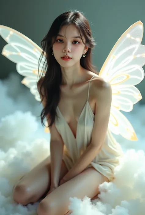 Realistic like a photo, full body, pretty female , big wide eyes, only thin cotton cover body, black hair, very long hair, pale white skin, small lips, master piece, photorealistic, amazingly detailed face, have fairy wings, glowing wing ,maximum resolutio...