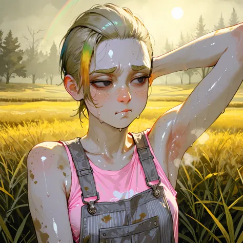 painterly brush strokes, beautiful lighting, shaft of light, rainbow light, close up of woman, dark grey overalls, light pink shirt, vertical stripes, covered in dirt, field, trees in background, sweaty, dirty, short vanilla pale strawberry colored hair, s...