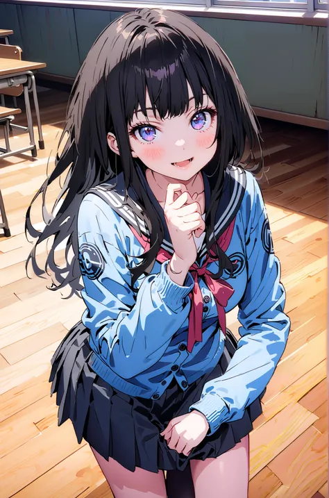 Takiuchikami,  check it out, Alone, long hair, bangs,   black hair,   purple eyes ,smile,blush, open your mouth, black sailor suit that grabs the thigh,blue cardigan, Long Sleeve, black mini pleated skirt ,Black socks, give a heart-shaped present,, is stan...