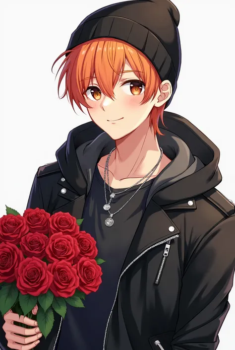 
Create an anime illustration of a handsome man with soft orange hair and gentle dark brown eyes, holding a bouquet of fresh red roses. He is wearing a wears a black beanie hat. He is dressed in a black T-shirt layered under a sleek black leather jacket wi...