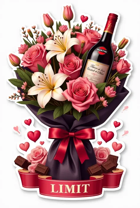 sticker. on a white background.  A gorgeous expensive bouquet of chocolate and flowers.  Caption Decorate with the theme of spring . FleUR _The_ NuIt in a beautiful font on a bouquet .   Next to a bottle of mmartini . At the bottom, in capital letters, the...