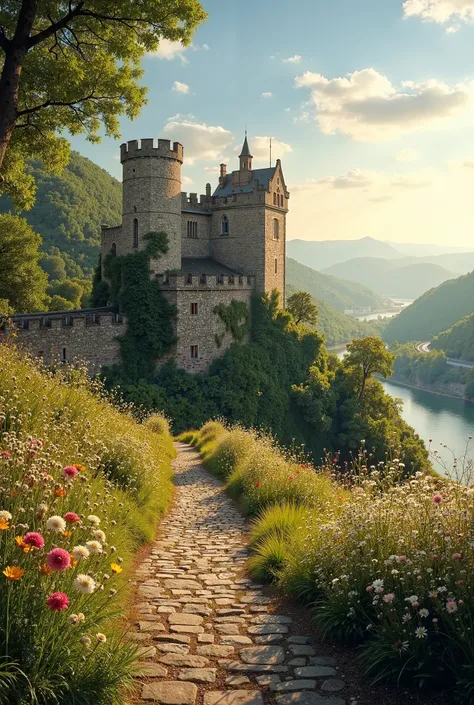 Here’s a detailed prompt you can use to generate a beautiful historical place with flowers:  

**"A breathtaking historical site surrounded by nature. An ancient stone castle with ivy-covered walls sits atop a hill, overlooking a peaceful river. The golden...