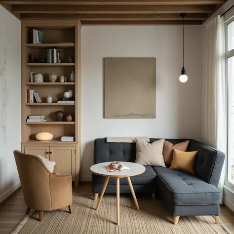 home page a place to read,  featuring a minimalist modern industrial concept, with sofa and bench facing each other and there is a small table and reading light, In parts of the wall, the walls do not look smooth