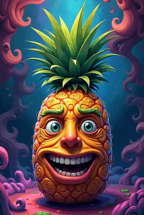 A psychedelic pineapple with a marijuana face and body 