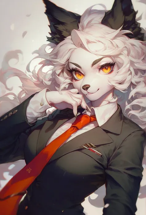 Furry wolf girl with white hair, black ears,  white skin,  golden eyes,  red tie , black suit and black skirt 