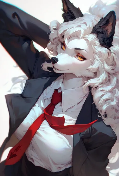 Furry wolf girl with white hair, black ears,  white skin,  golden eyes,  red tie , black suit and black skirt 