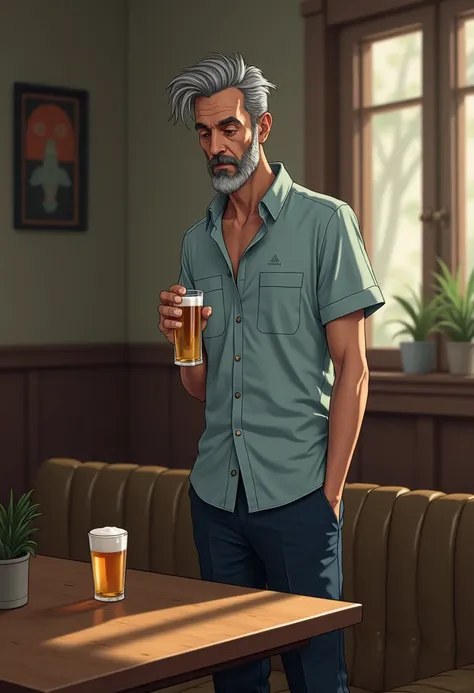 Thin man with tall gray hair and a flat beard wearing navy blue dress pants and light blue shirt with print and short sleeves and black shoe standing near the table with a glass of cold beer in his hand 