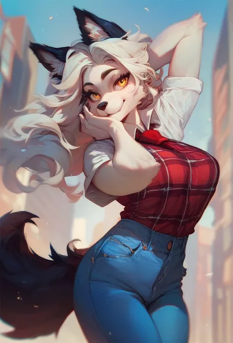 Furry wolf girl with white hair, black ears,  white skin,  golden eyes,  red tie , red and white plaid t-shirt and blue jeans