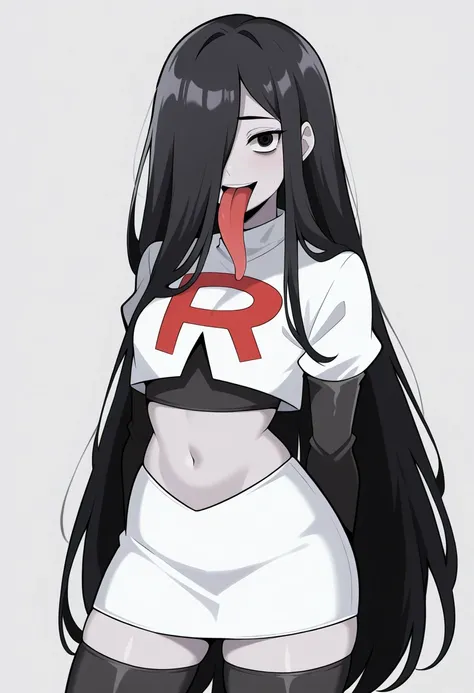 (masterpiece,amazing quality,best quality),blaash,solo,astroostylev5,SadakoIL,,1girl,solo,long hair,black hair,very long hair, navel,hair over one eye,grey skin,yamamura sadako, long tongue, team rocket,team rocket uniform,white skirt,red letter R,crop top...