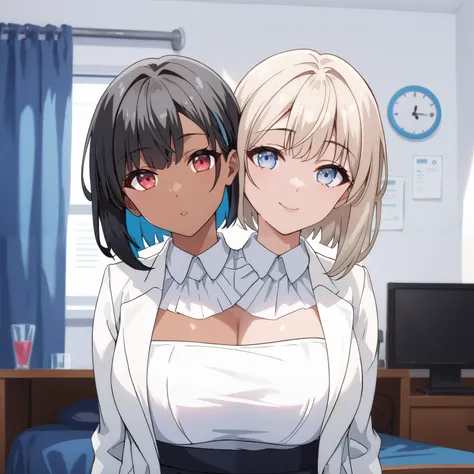 2heads, twoheads, a tall thin woman with 2 heads, white hair, black hair, blue eyes, red eyes, half dark skin and light beige skin, two tone skin, light beige skin, dark skin, white shirt, lab coat, black pencil Skirt, large breasts, front shots, bedroom, ...