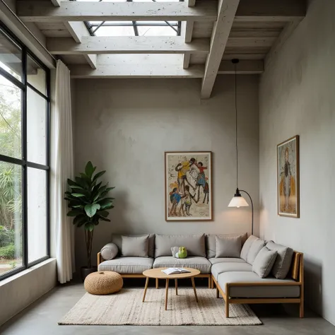 home page a place to read, featuring a minimalist modern industrial concept,  with a sofa and bench facing each other and there is a small table and reading light, In parts of the wall, the walls do not look smooth, with open roof