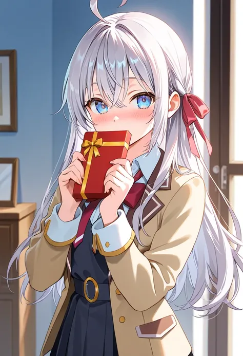 alisa mikhailovna kujou ( Tokidoki Bosotto Roshia-Go by Dereru Tonari No Arya-san)Blushing while wearing , I shyly hand over Valentine's chocolates