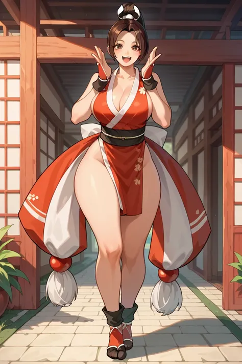 Shiranui Mai ,  Brown hair ,  brown eyes , funny expression laughing, ,  big breasts,  , Background of an ancient Japanese town.  cosplay by Mai Shiranui King of Fighters, full body
