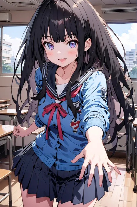 Takiuchikami,  check it out, Alone, long hair, bangs,   black hair,   purple eyes ,smile,blush, open your mouth, black sailor suit that grabs the thigh,blue cardigan, Long Sleeve, black mini pleated skirt ,Black socks, give a heart-shaped present,, is stan...