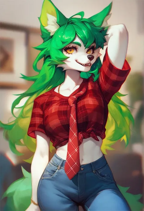 Furry wolf girl with green hair , green ears,  white skin,  golden eyes,  red tie ,  red and white plaid t-shirt and blue jeans