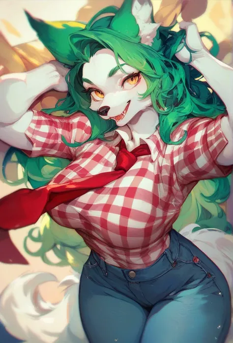 Furry wolf girl with green hair , green ears,  white skin,  golden eyes,  red tie ,  red and white plaid t-shirt and blue jeans