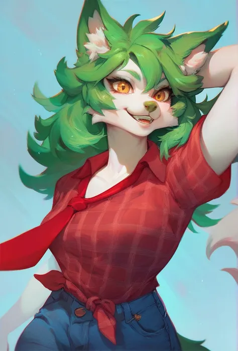 Furry wolf girl with green hair , green ears,  white skin,  golden eyes,  red tie ,  red and white plaid t-shirt and blue jeans