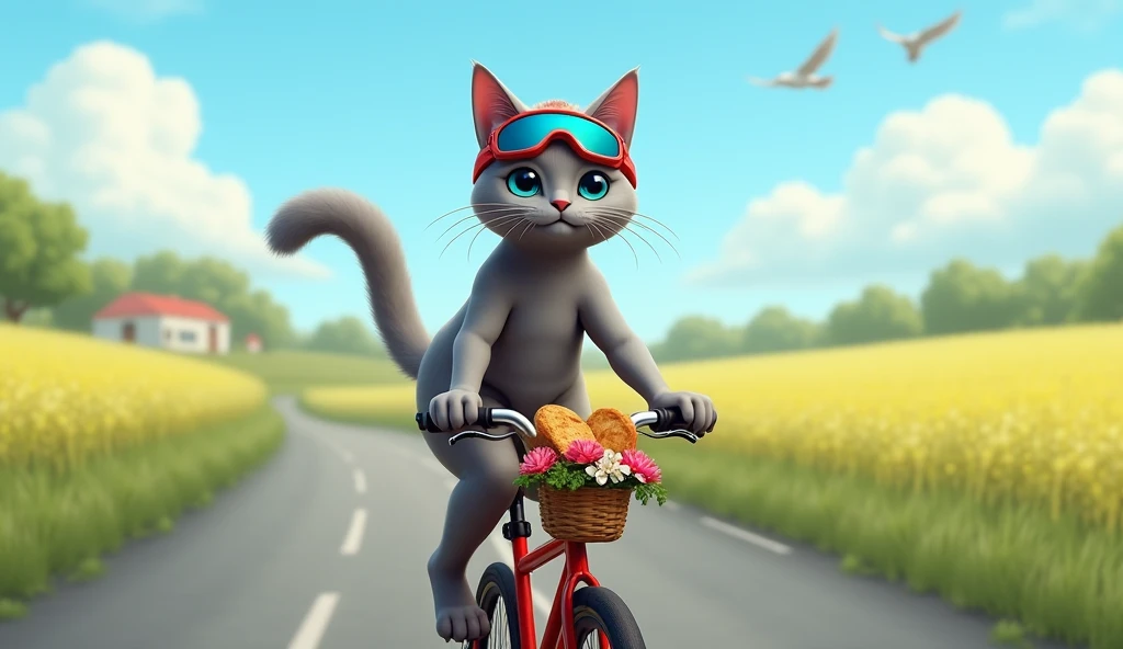 "A sleek, athletic-looking gray cat with bright blue eyes, wearing a tiny helmet and sporty goggles, confidently riding a bicycle down a peaceful countryside road. The cat’s tail sways as it pedals, and a small basket on the front of the bike carries a loa...