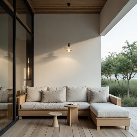 a veranda where to read and relax, featuring a minimalist modern industrial concept, with sofa and bench facing each other and there is a small table and reading light, on the part of the wall it looks unsmooth the walls without wall display, with a slight...