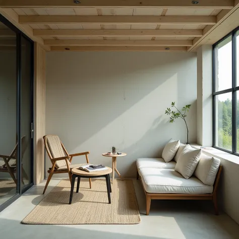 a veranda where to read and relax, featuring a minimalist modern industrial concept, with sofa and bench facing each other and there is a small table and reading light, on the part of the wall it looks unsmooth the walls without wall display, with a slight...