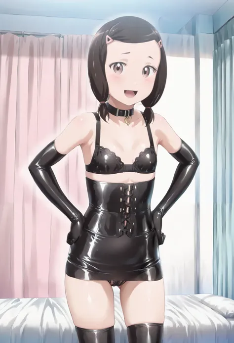 (( short))、((Child body type))、(((Small Bust)))、 Yankee sitting、((( squats with her legs open in M shape)))、BDSM、Queen、mistress、(((One girl)))、(((solo:1.8)))、(((Black latex elbow gloves:1.4)))、(((Black latex corset dress:1.4)))、((( corset dress is decorate...