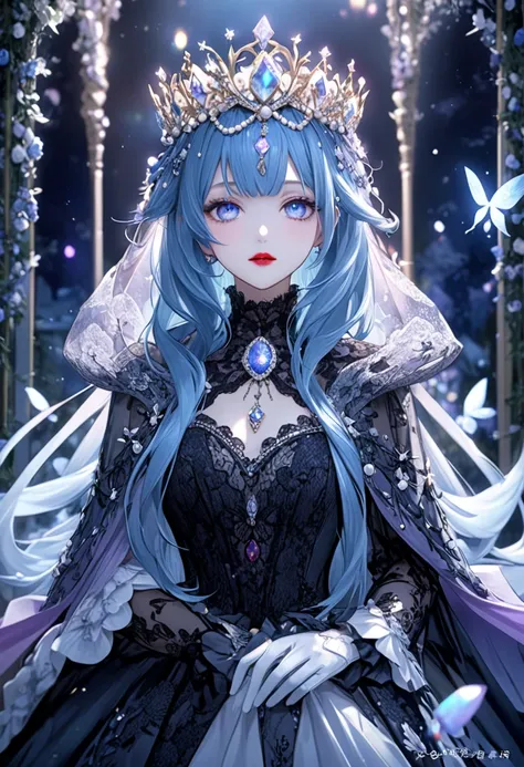 Long blue hair 。複雑に結い上げた Prestige 髪型。Aurora's Eyes 。 Beautiful Fairy Queen 。 white skin。Bright red lips。Night Family 。 black lace robe dress 。Rococo。 Prestige 。White long gloves。 Light Purple Shawl 。 opal and moonstone crown。 silver and pearl decoration 。 ...