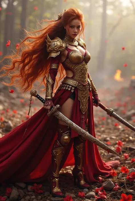 A fierce and breathtaking scene of MaleniaNorm, the legendary female warrior, poised in the midst of battle. She stands confidently, her slender figure clad in intricately detailed golden and crimson armor, covered in elegant, thorn-like motifs. Her long, ...