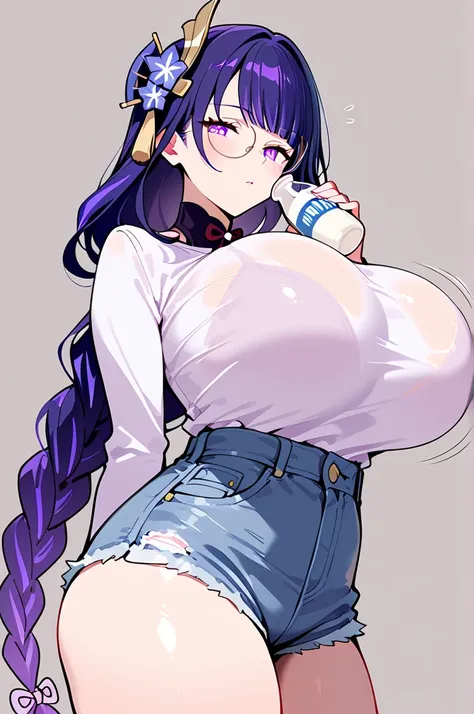     High detail,  high quality , Masterpiece,No text, Quality Highlights  ,（ Masterpiece、  Best Quality  、 very beautiful ),
 1 Girl  , Masterpiece,beauty,cute, ( White long-sleeved top and denim shorts),(huge breast:1.6),purple hair ,round glasses,  Healt...