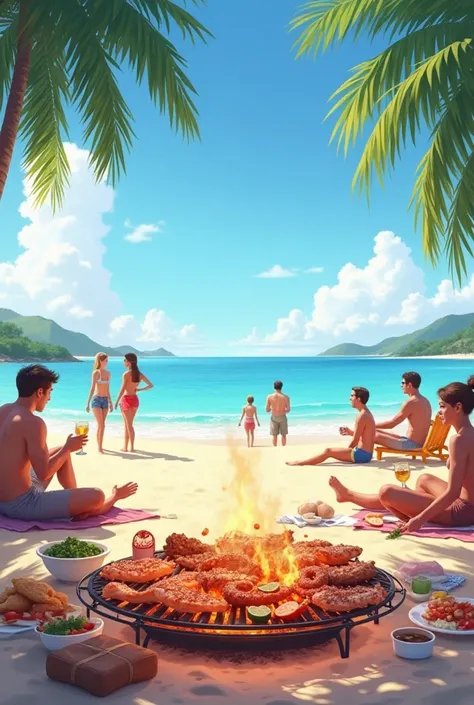 People txilling at the beach and the meat, fish on fire