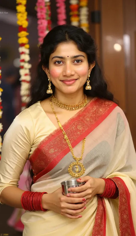 Create a realistic 8k image of a traditional Indian woman dressed in an elegant cream transparent saree with a rich red border showing deep navel. She is adorned with traditional gold jewelry, including a necklace with pendants and matching earrings, and h...