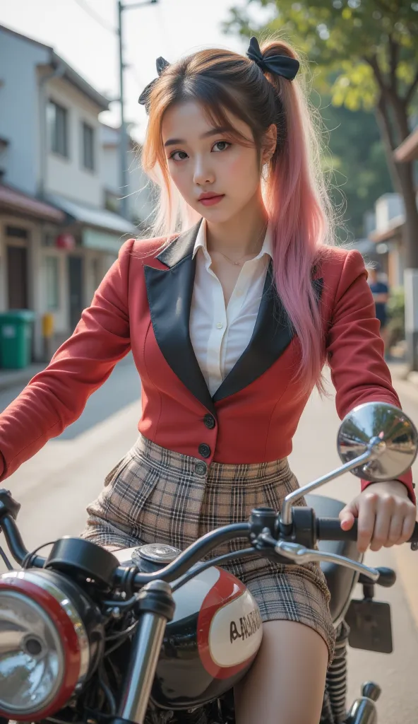 1 Girl,gal,(Gold, Pink Hair ,Two-tone hair), long hair,  side ponytail , black bow,school uniforms,Casual suits,(Checked skirt),(Casual suits, red, black),Ride confidently on a cool motorbike, 8K resolution on the front,  masterpiece,  top quality combat b...