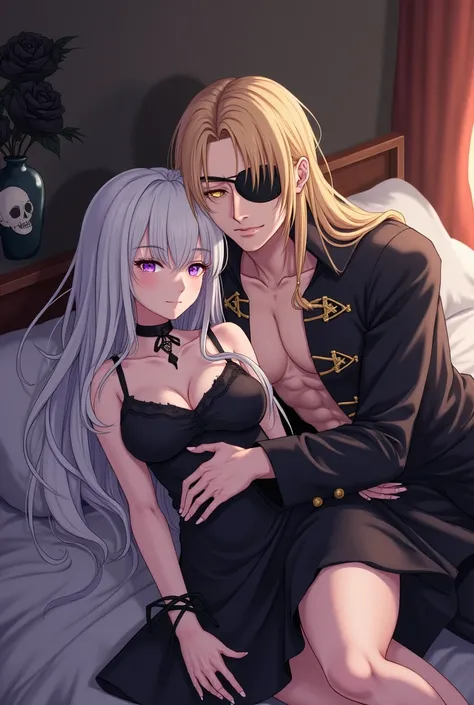 Anime vampire girl , Sweet, fragile, smiling,  very long white hair,  purple eyes,  in a sexy short black dress. She is sleeping on the bed with the strong man dressed as a pirate and eye patch with long blond hair,  honey-colored eyes , vase with black ro...