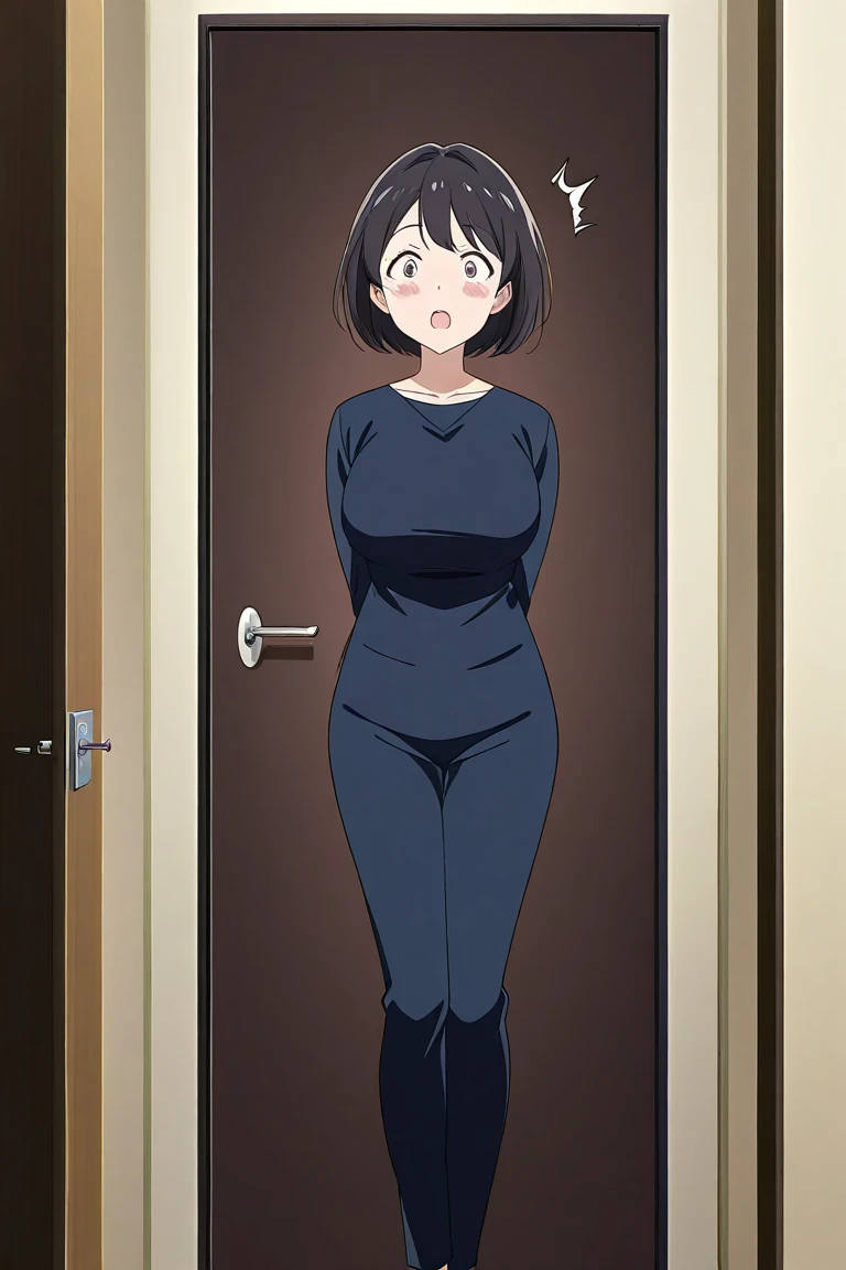  anime girl image, short hair, black hair, eyes brown,big,At 28 years old ,with medium curves,normal but large body,height 1,78, surprised expression ,Eyes full of emotion, blushed face , excited face too,Be in a room,behind her an open door,With moves fro...