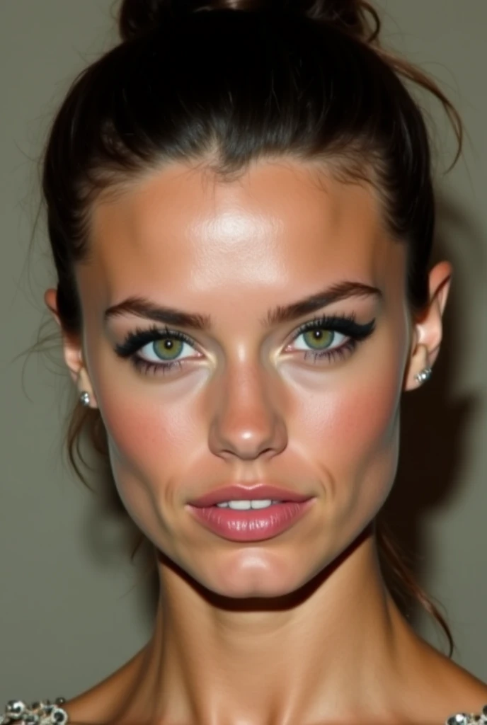 
 INTENSE GREEN eyes ,  expressive and penetrating .

 dark brown hair ,  straight tone and is usually tied in a ponytail or bun.

Angular face, with marked cheekbones and defined features .

 Fair skin with a slightly tan .