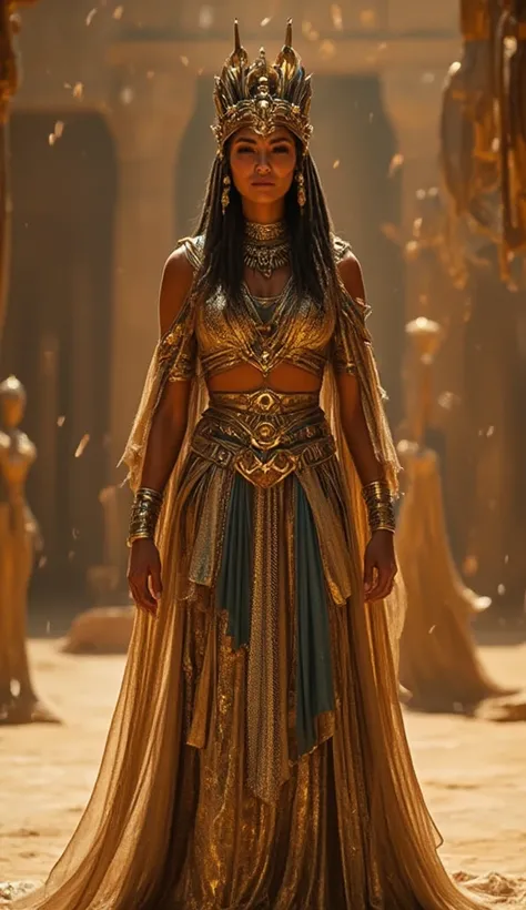 A regal woman in an intricate ancient Egyptian gown, adorned with golden jewelry. Her walk is slow and commanding, embodying the power and mystique of Egypt’s ancient rulers